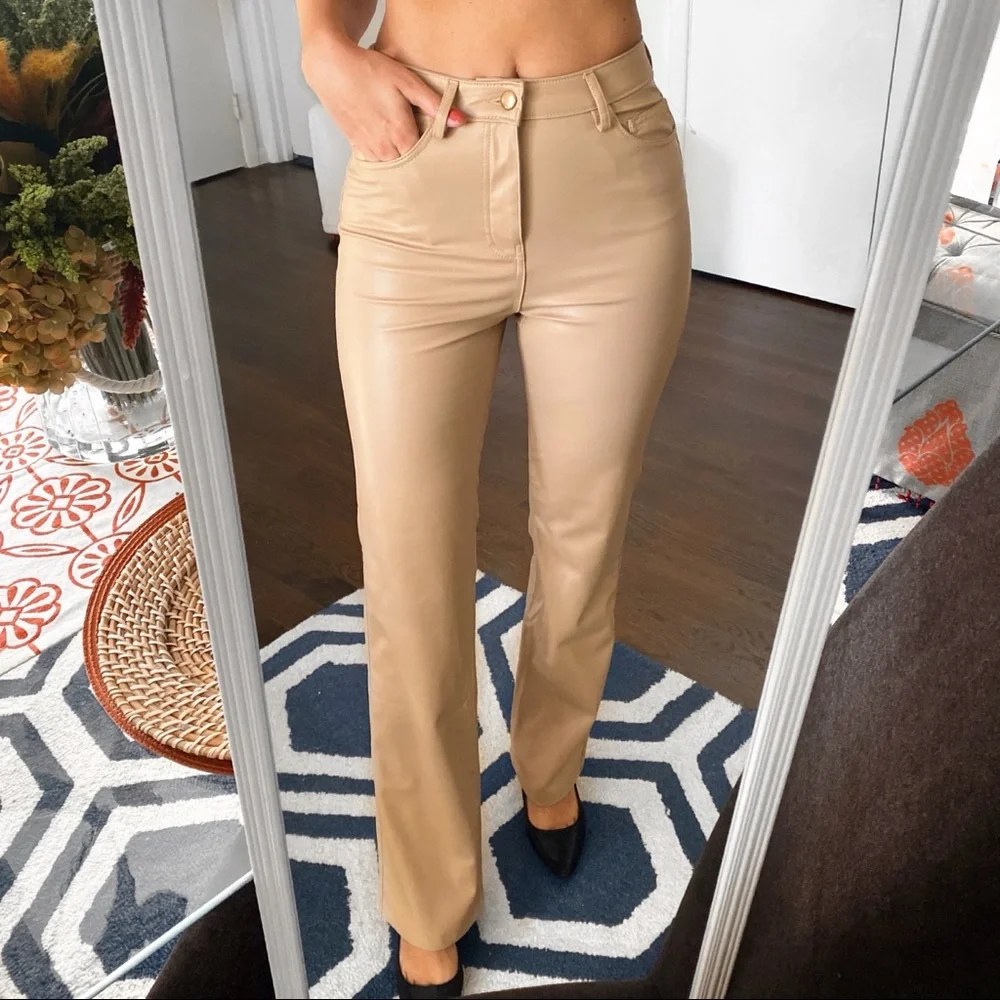 🍂 ZARA TAN FAUX LEATHER HIGH WAIST STRAIGHT LEG PANTS!